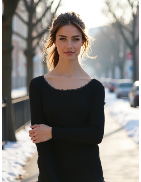 Gino Santi Dames Thermal Shirt Lace lange mouw zwart