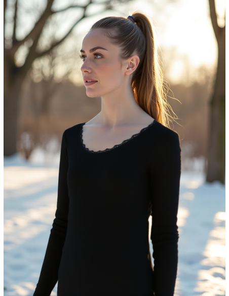 Gino Santi Dames Thermal Shirt Lace lange mouw zwart